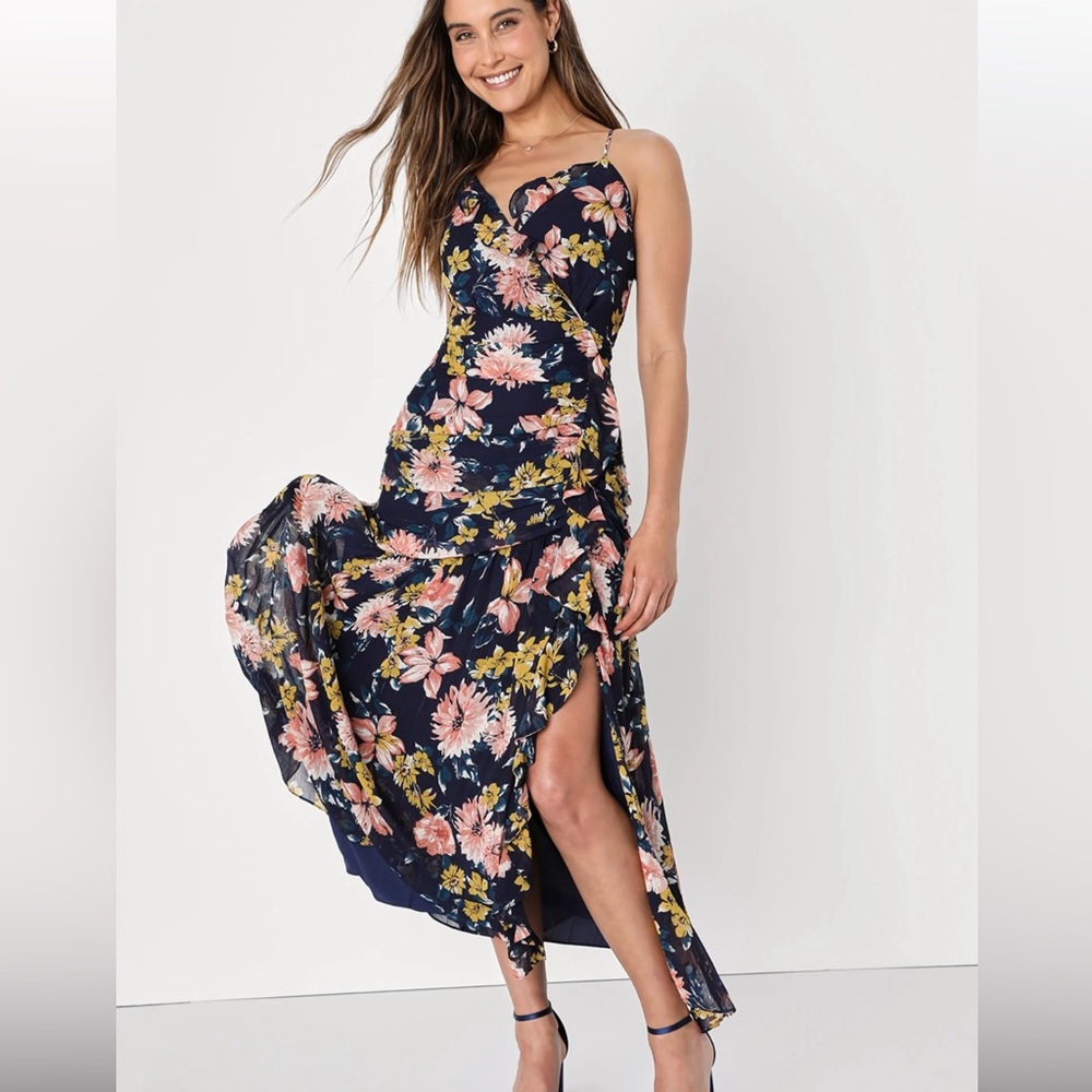 Lulus Stunning Soiree Navy Blue Floral Print Ruched Midi Dress